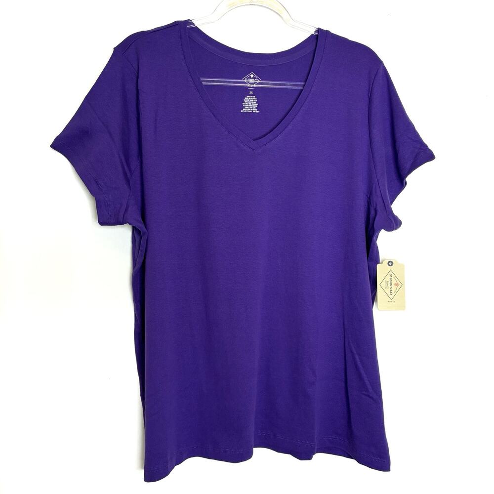 St. John's Bay Dark Purple V-Neck Short Sleeve 100% Cotton Tee NWT Womens 2X